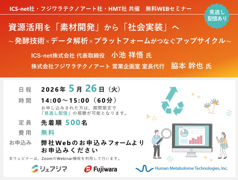 2026年5月26日ICS-net株式会社・株式会社フジワラテクノアート・HMT共催ウェビナー「資源活用を「素材開発」から「社会実装」へ　～発酵技術×データ解析×プラットフォームがつなぐアップサイクル～」